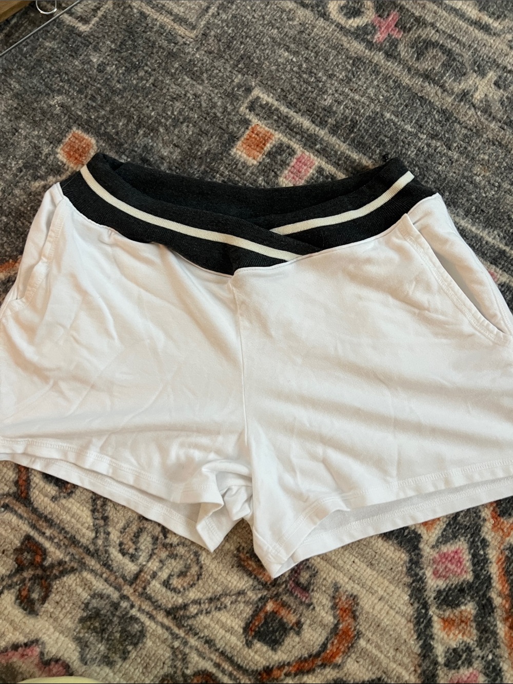 Women's White Knit Lounge Shorts with Black Contrast Waistband